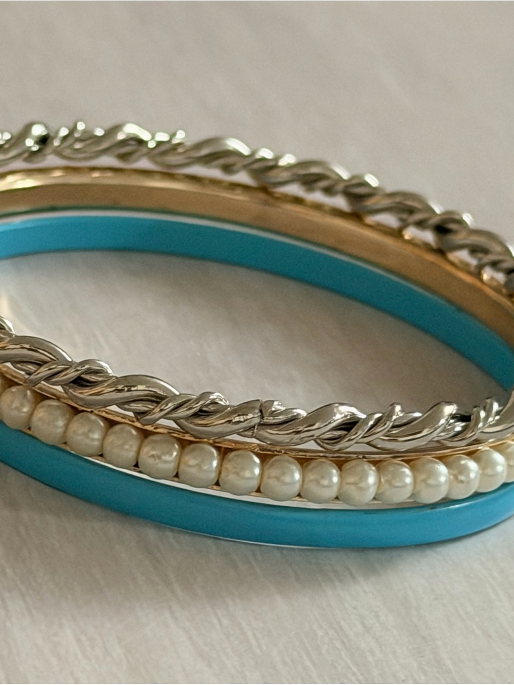 Stacked Set 3 Blue Silver White Faux Pearls Rhinestones Women's Bangle Bracelets